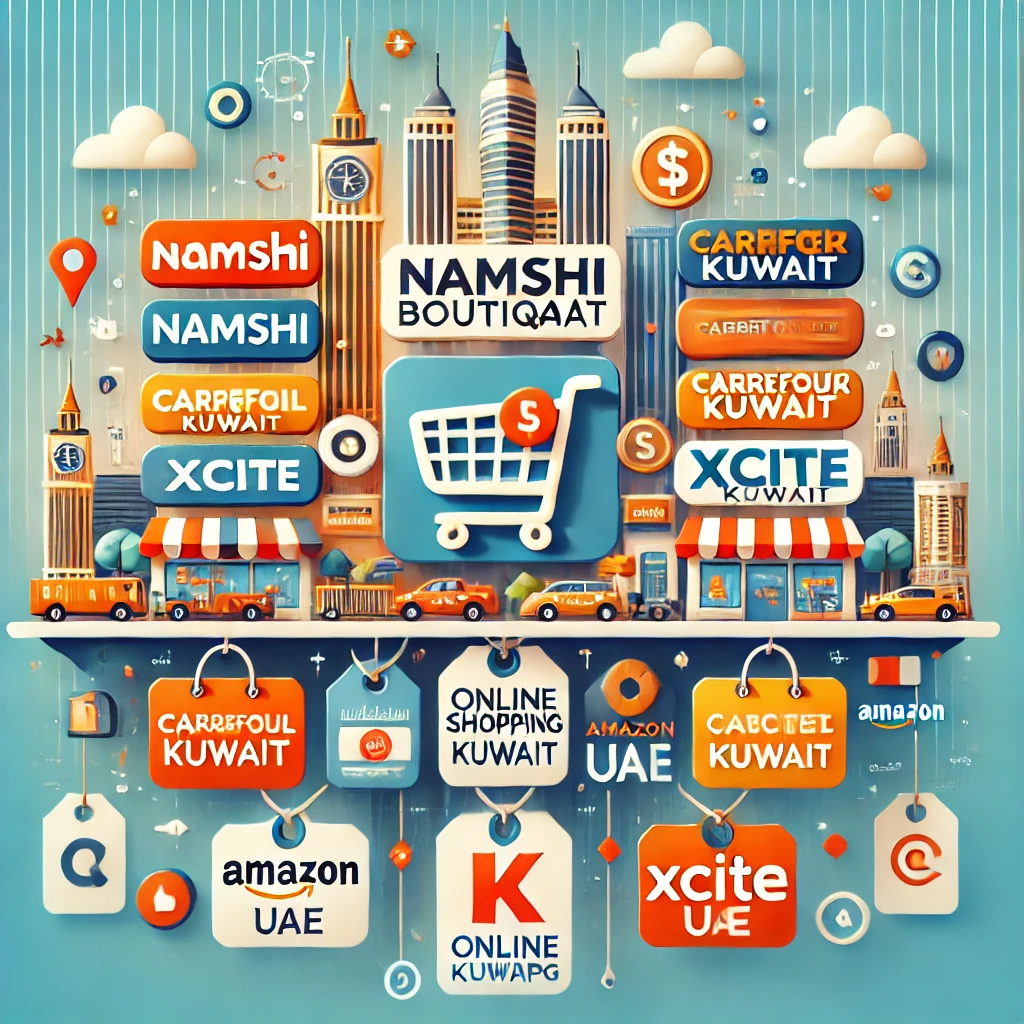 أفضل مواقع التسوق الإلكتروني في الكويت، يتضمن شعارات متاجر شهيرة مثل نمشي، بوتيكات، كارفور، إكسايت، وأمازون الإمارات.